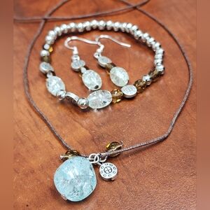 3 Piece Set - Dangle Earrings, Stretch Bracelet And Matching Necklace